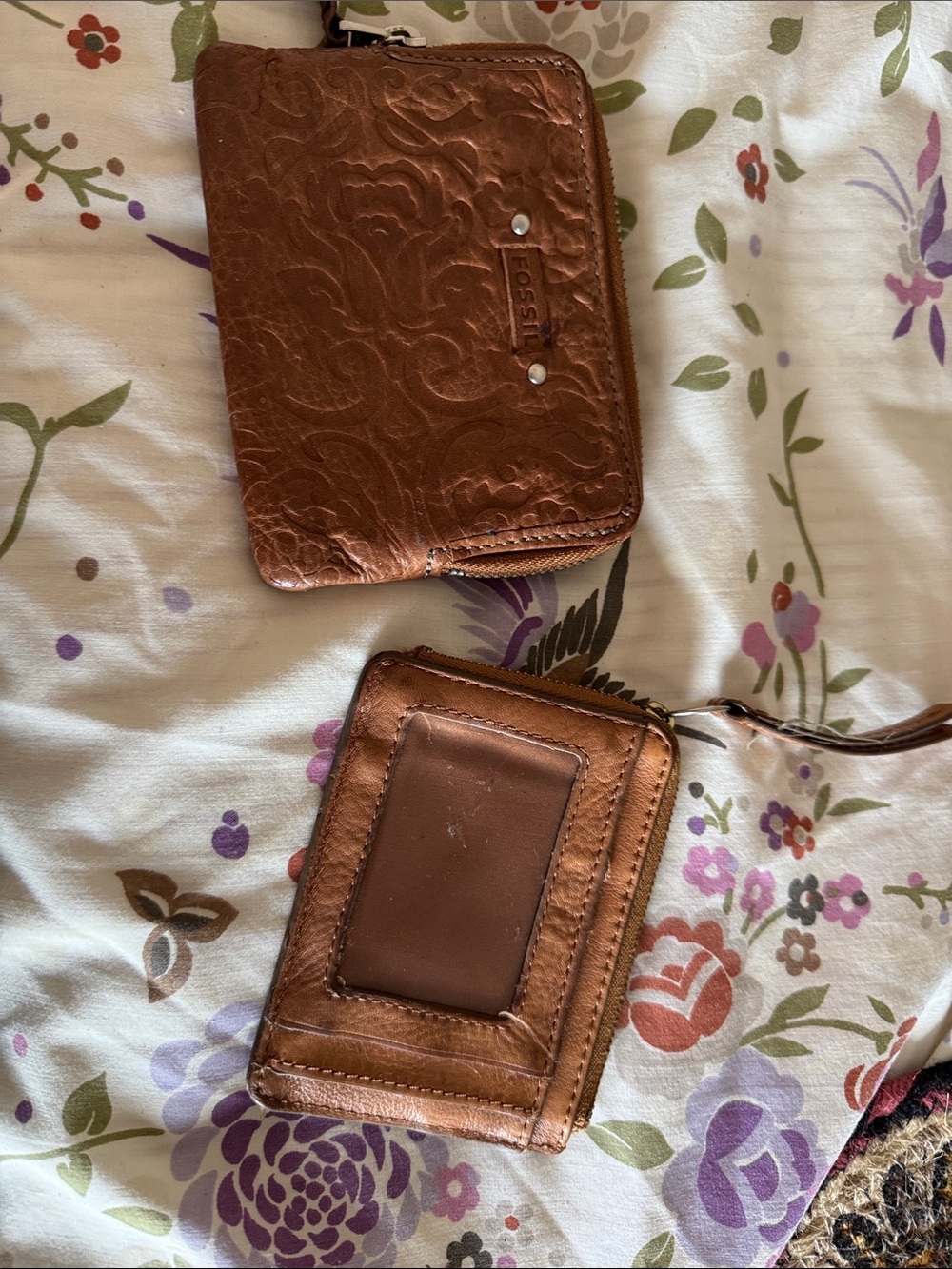 Fossil Embossed Brown Leather Zip Card Case with ID Window